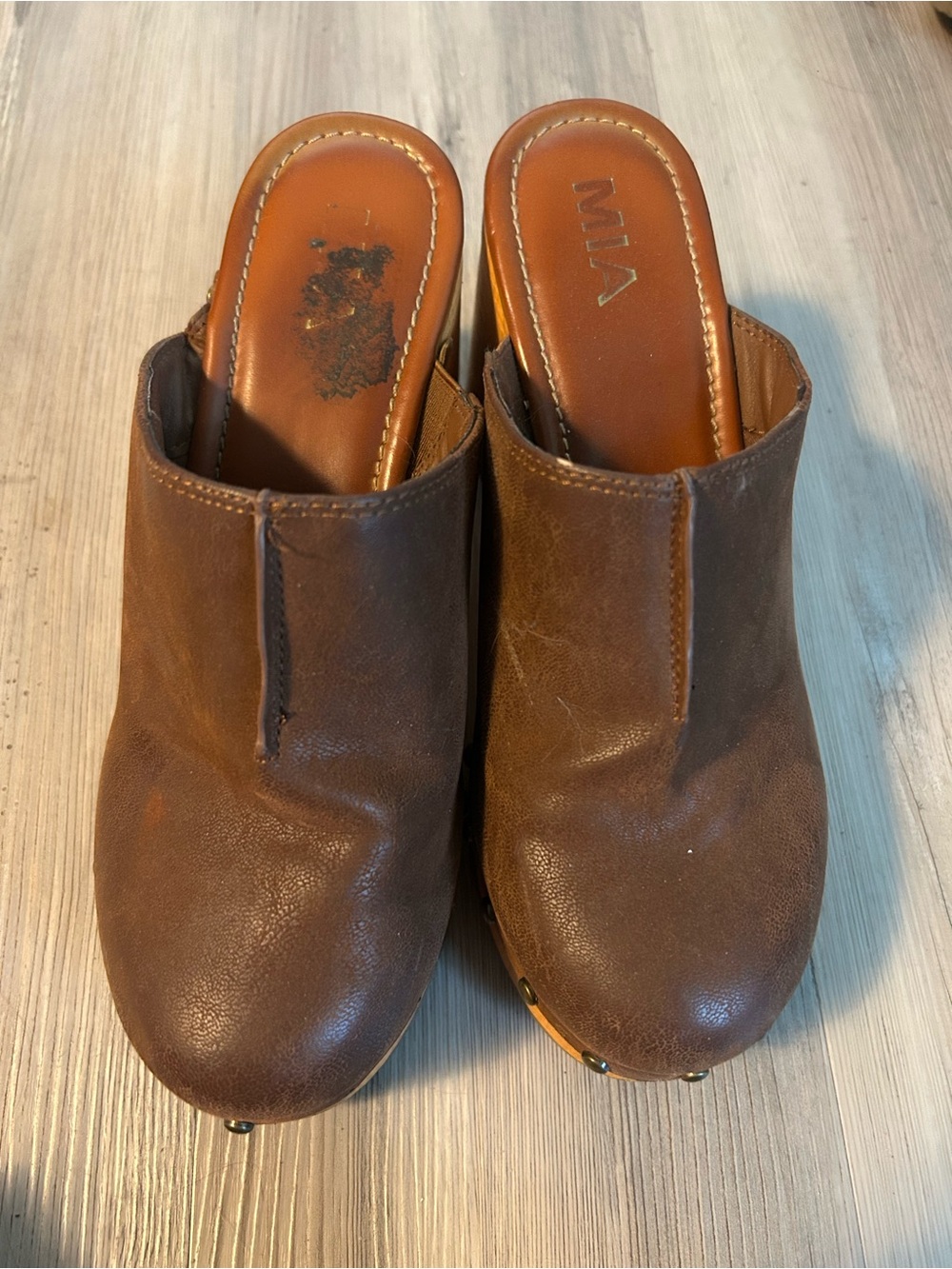 MIA Brown Leather Clog Mules